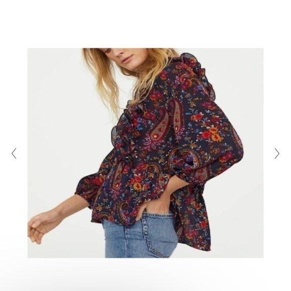 H&M Exaggerated ruffle paisley floral print  long sleeve blouse Size 2 - Picture 2 of 10